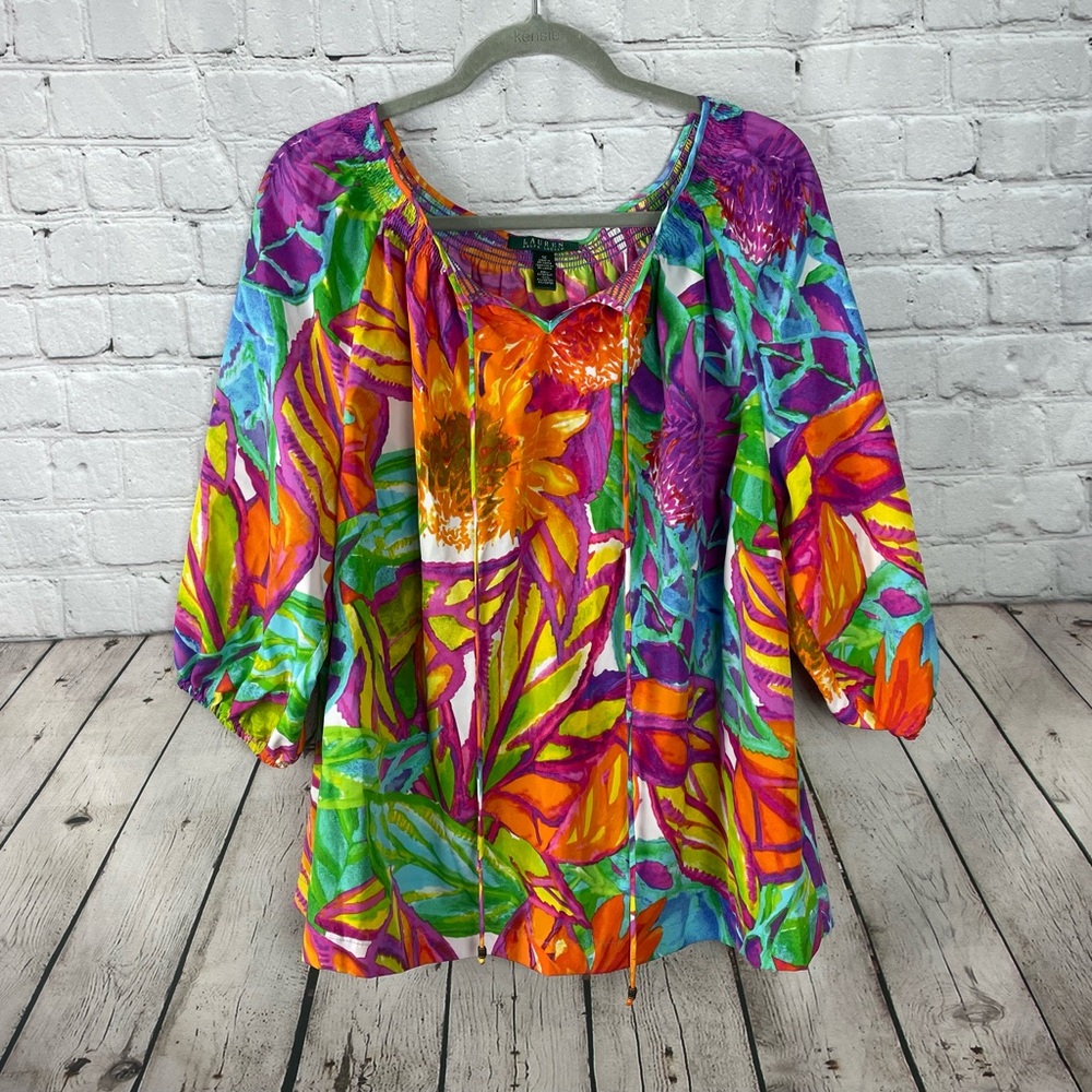 Lauren Ralph Lauren Size 1X Tropical Vacation Vibrant Lightweight Blouse EUC
